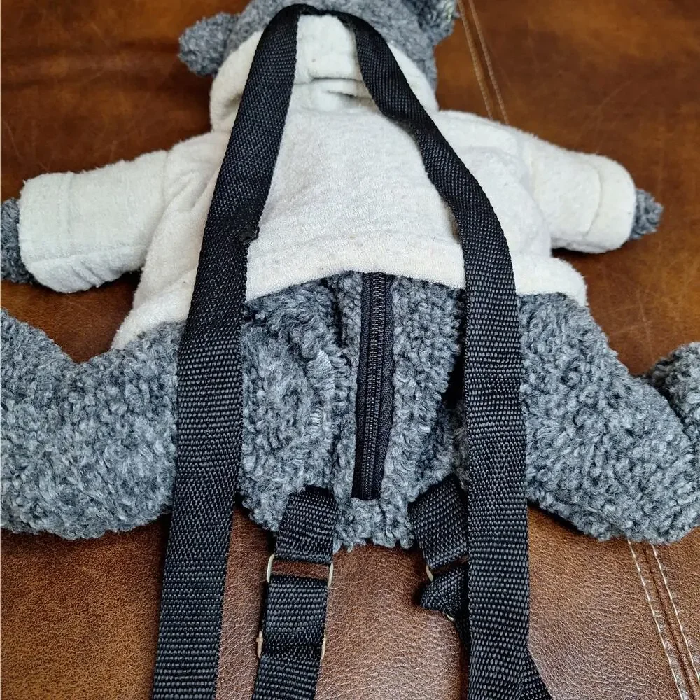 RARE VTG BV Collection Plush Teddy Bear Backpack Dark Gray Cream Hoodie Y2K 18